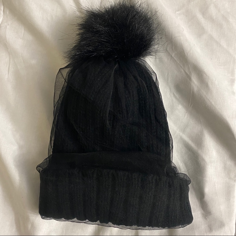 Boohoo Black Pom Beanie with Tulle Netting